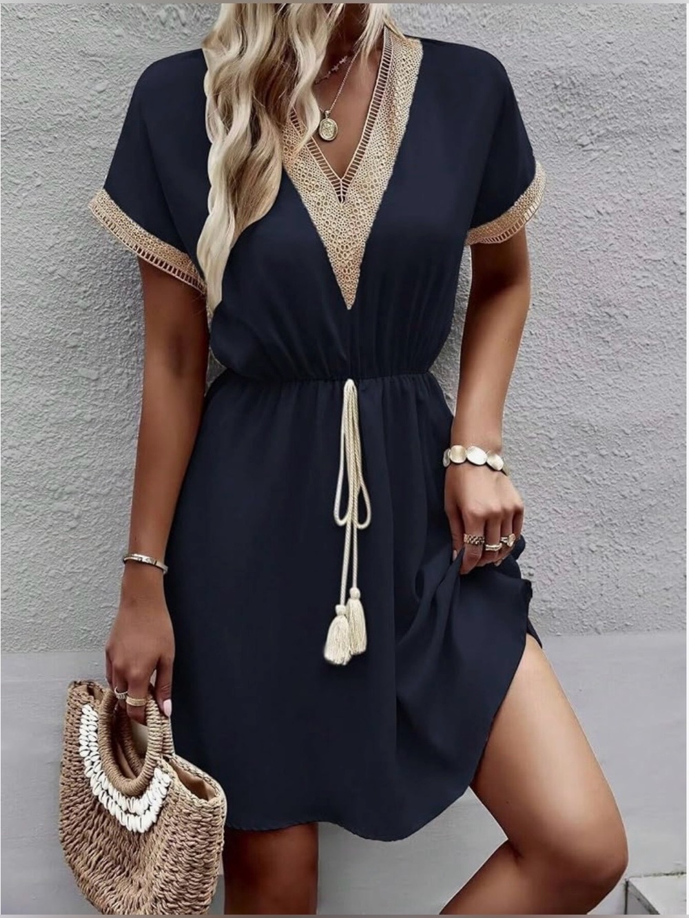 Women's Navy V-Neck Tassel Waist Dress with Contrast Trim L